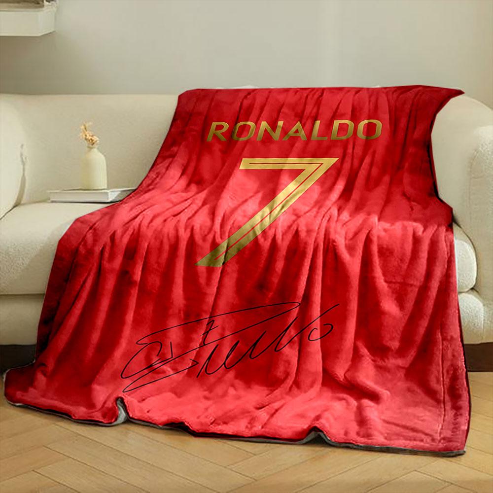 Red background with golden "Ronaldo," "7," and a black autograph below. for all seasons blanket lunch break throw gift