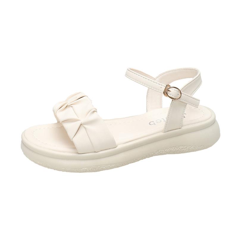 

2025 summer Korean version of the new thick-soled pleated sandals women s open-toed PU flat heel one-word buckle strap simple beach sandals 35
