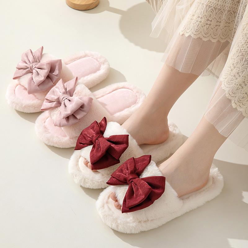 Ins Bow Open Cotton Slippers Winter Home Indoor Household Plush Slippers Warm Plush Slippers