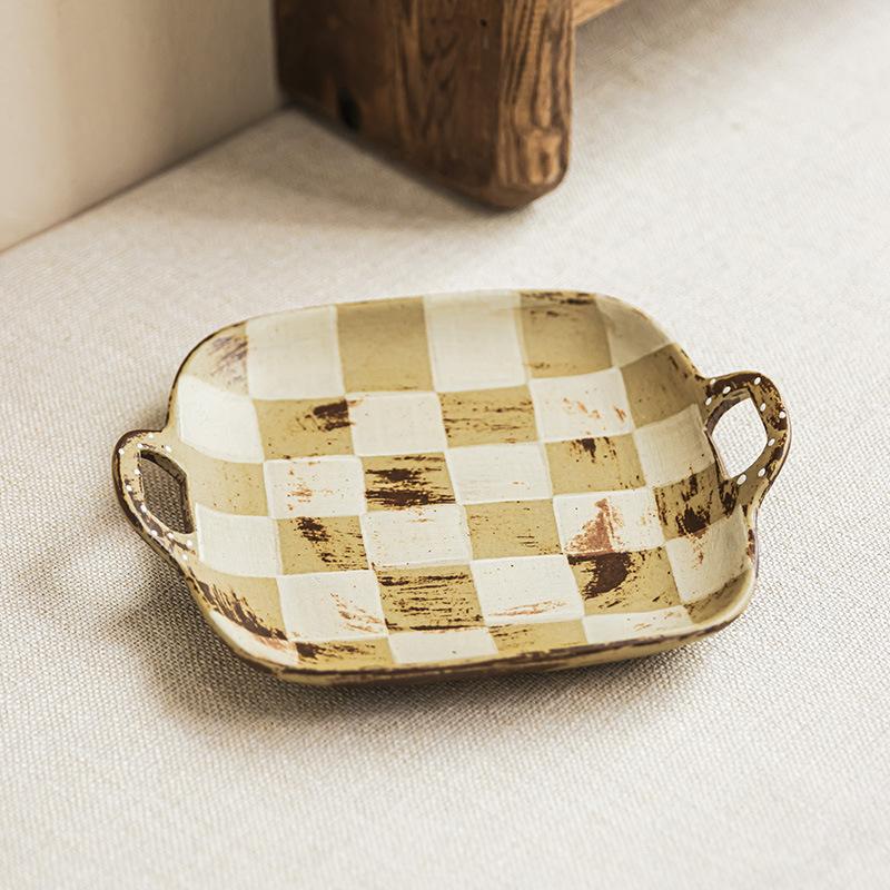 Checkerboard Binaural Plate Coarse Pottery Plate Practical Portable Plate Minimalist Tableware Plate Household Vegetable Plate Salad Plate