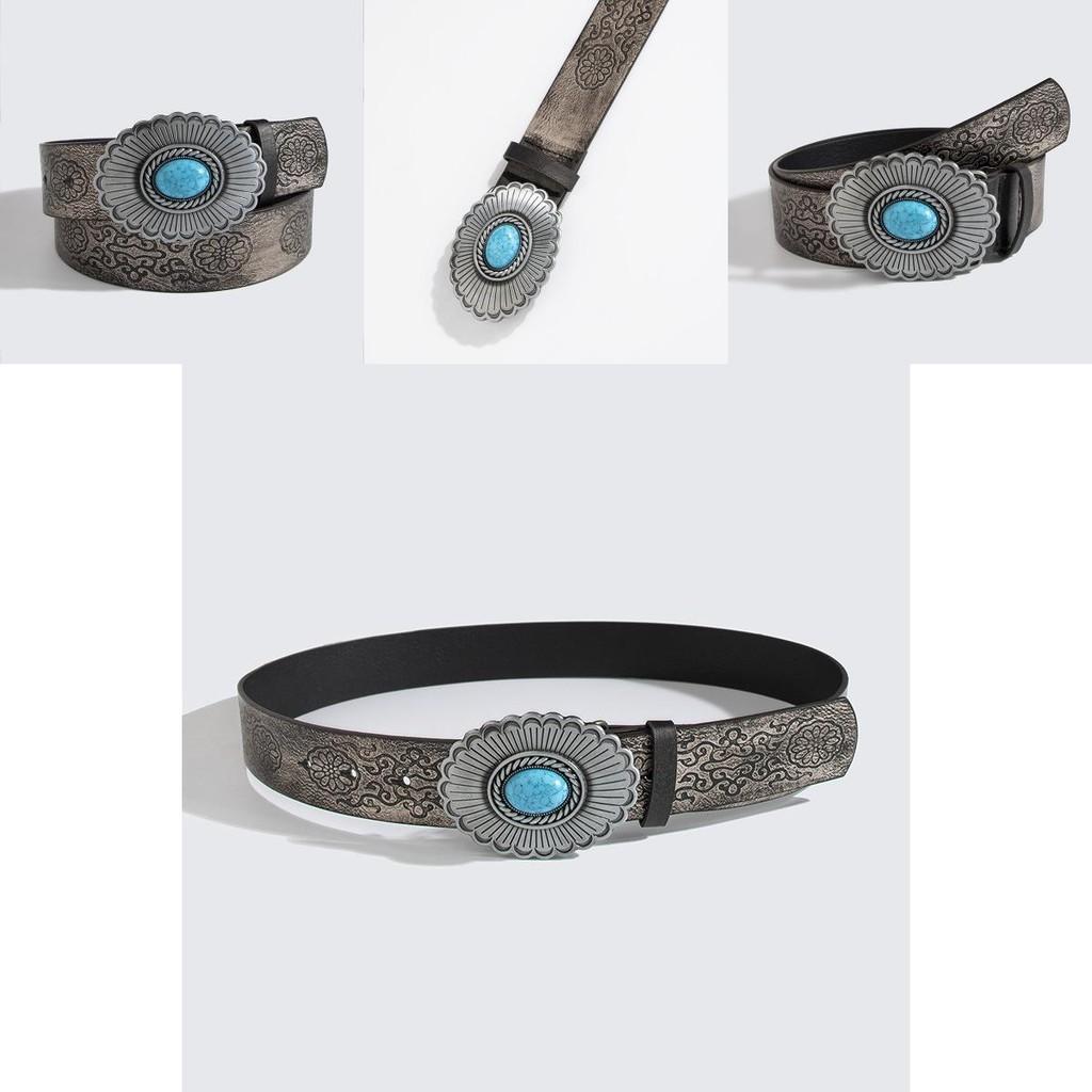 Retro Faux Leather Belt With Dark Embossed Flower Pattern For Girls And Women