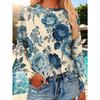 Women's Fashionable and Casual Long-sleeved T-shirt Has a Beige Background with Blue Roses and Flowers