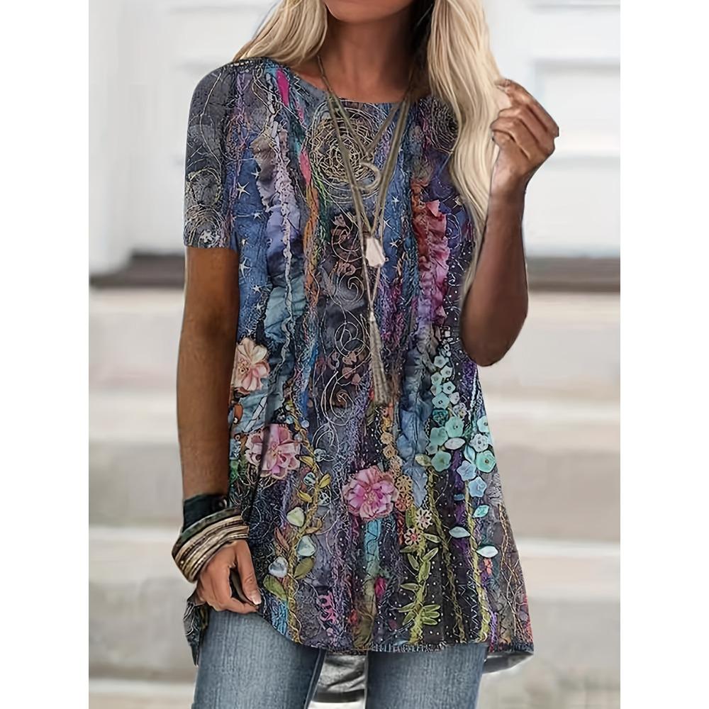 Plus Size 2025 European and American Women s Summer Printed Casual Loose Women s Casual T-Shirt Women s Plus Size Tops S