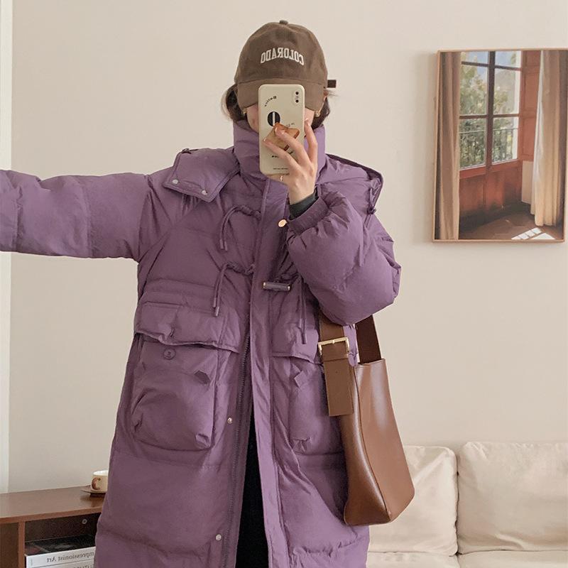 Sweet bamboo buckle down jacket women's medium and long 2024 winter new hooded knee thickened warm jacket