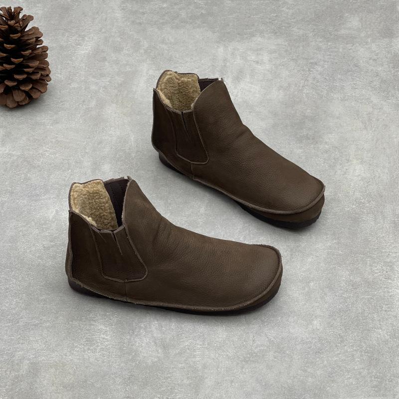 Johnature Echtes Leder Damen Schuhe Retro Weiches Rindsleder Runde Zehenpartie Plüsch Warm Flach Slipper Kurze Stiefel