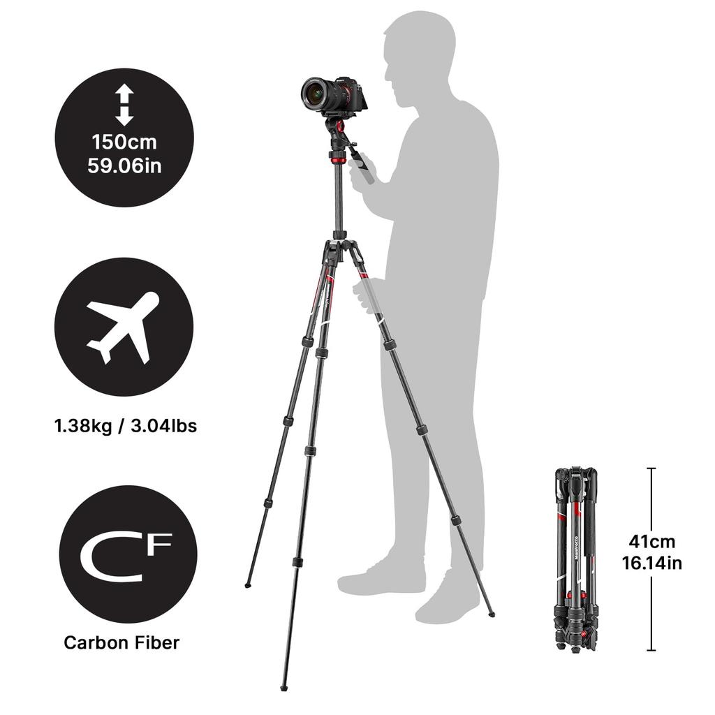 Manfrotto Befree Live Kolfiber Videohuvud Resa Idealisk för Video Fullt Utsträckt Höjd Minimal Höjd Bärväska Ingår T-Stativ Kit, Svart,