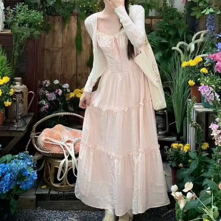 French Lace Splicing Pink Suspender Dress Summer Vacation Style Gentle Long Dress Niche Super Fairy Simple Young