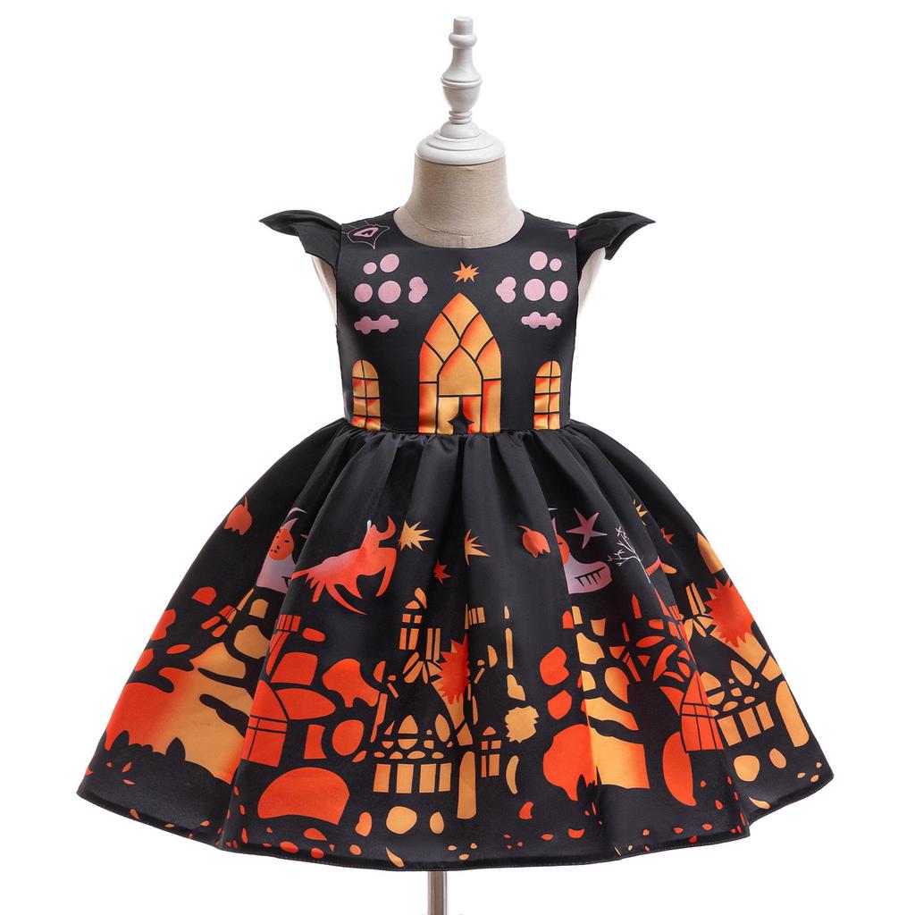 Kids' Halloween Witch Cosplay Cartoon Print Dress