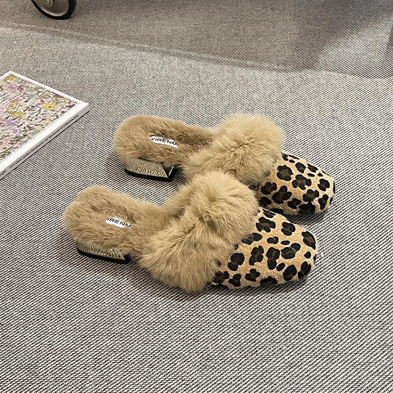 New Spring Faux Fur Women Mules Slippers Fashion Leopard Cover Toe Slide Ladies Elegant Low Heel Dress Slip On Shoes