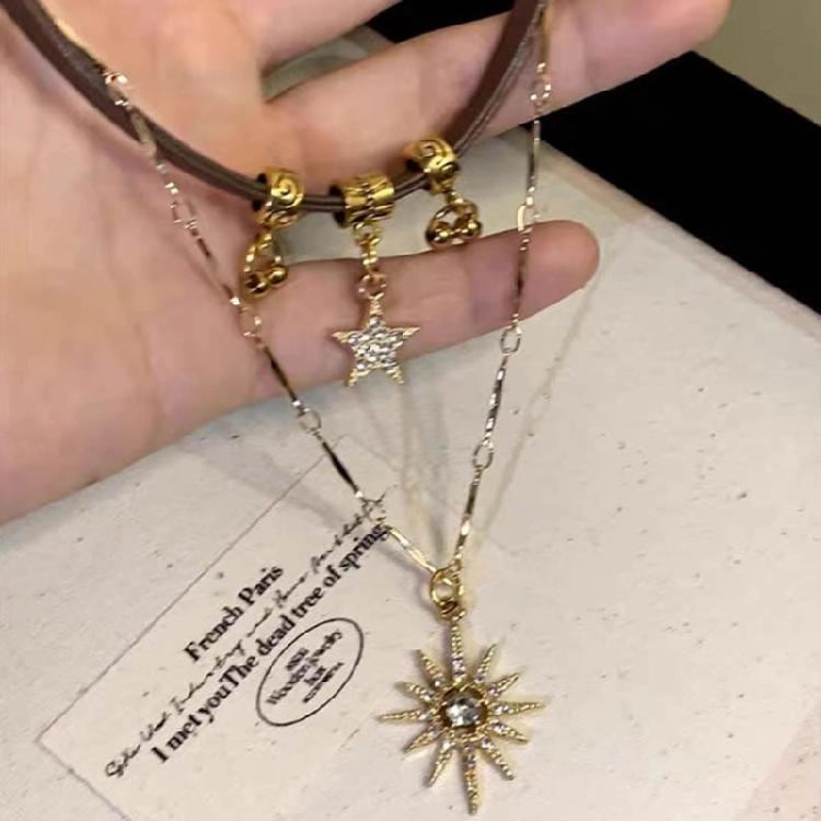Metal Chain Necklace with Sunflower and Star Pendants Clavicle Choker for Women