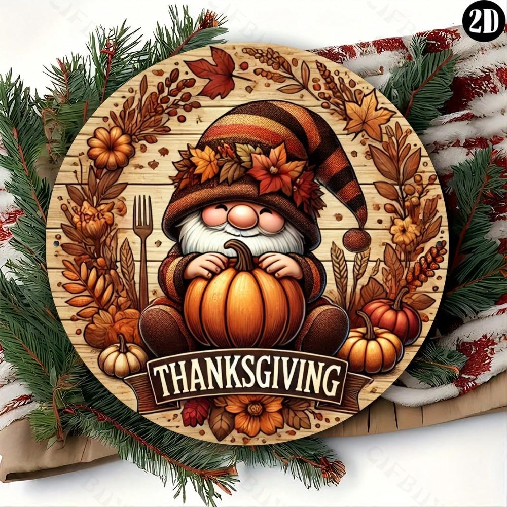 Vintage Metal Wall Art Round Aluminum Sign Thanksgiving Gnome Decor 8x8 Inch