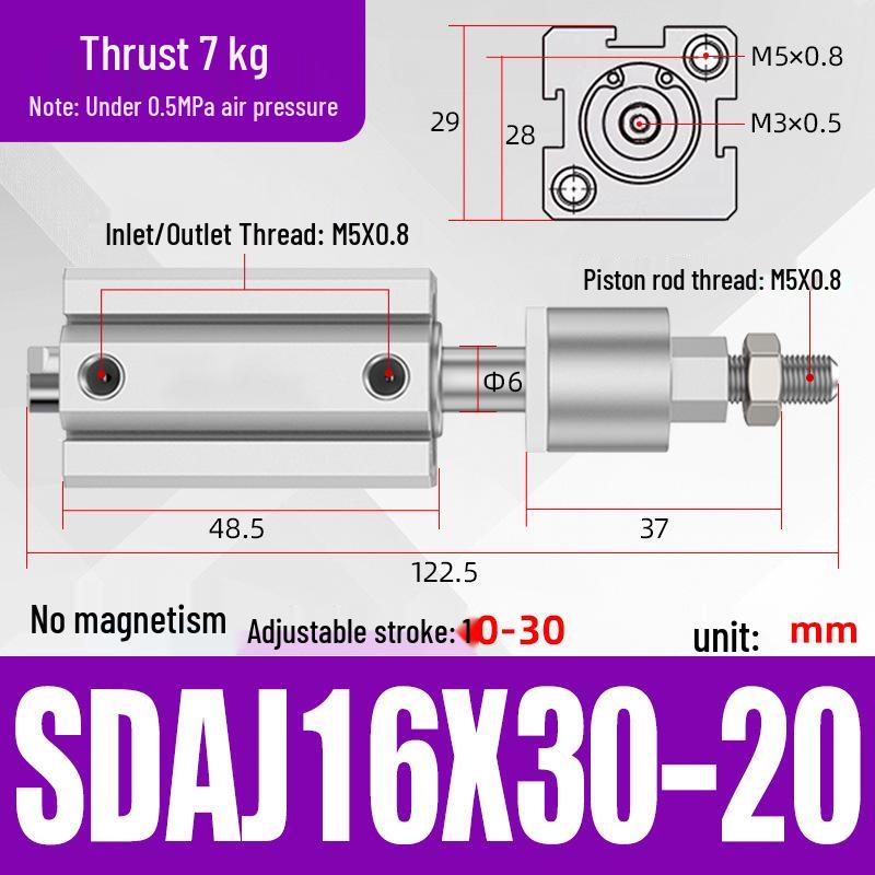 Adjustable Stroke Pneumatic Thin Cylinder - Piston Rod Sizes: 16/20/25/32/40/63