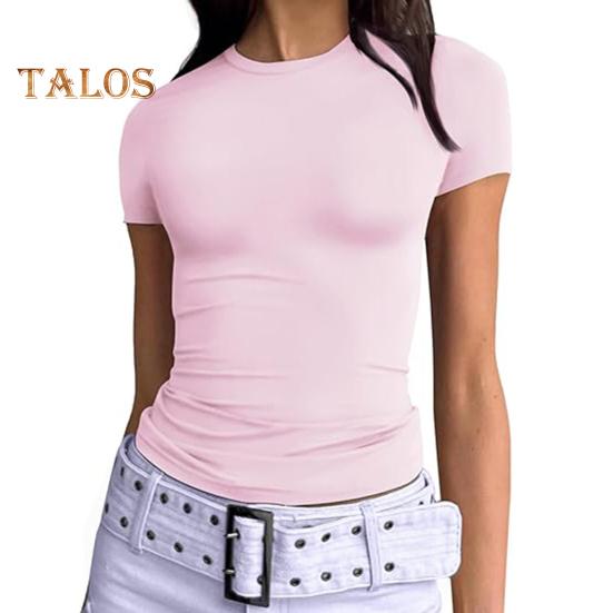 

Женская футболка с круглым вырезом и коротким рукавом, однотонная футболка, облегающий летний пуловер, топы, повседневная одежда для работы S