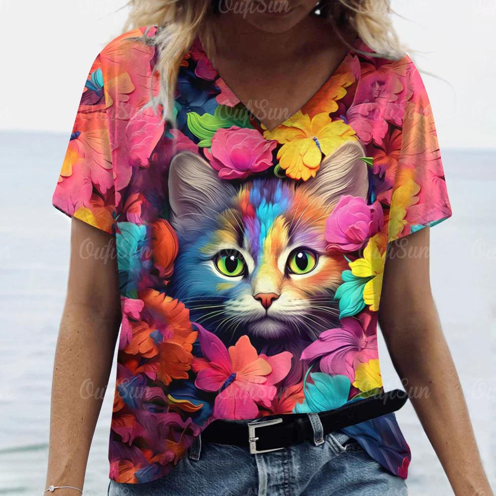 Summer Women Cute Cat T-shirt Fashion Trend V-Neck Tops Tees Female Casual Stylish Short Sleeve Clothing Ladies Vintage Outfit