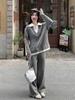 Chic Patchwork Gray Two-Piece Sweater Set: Women's Autumn/Winter Knit Top & Casual Pants