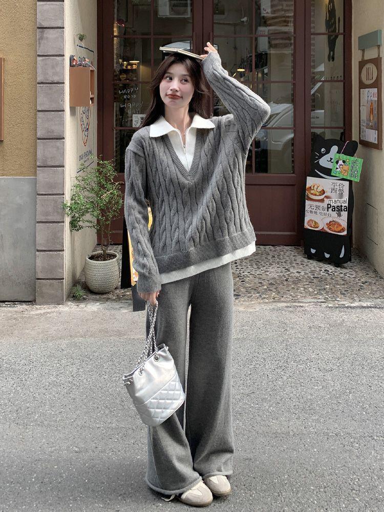 Chic Patchwork Gray Two-Piece Sweater Set: Women's Autumn/Winter Knit Top & Casual Pants