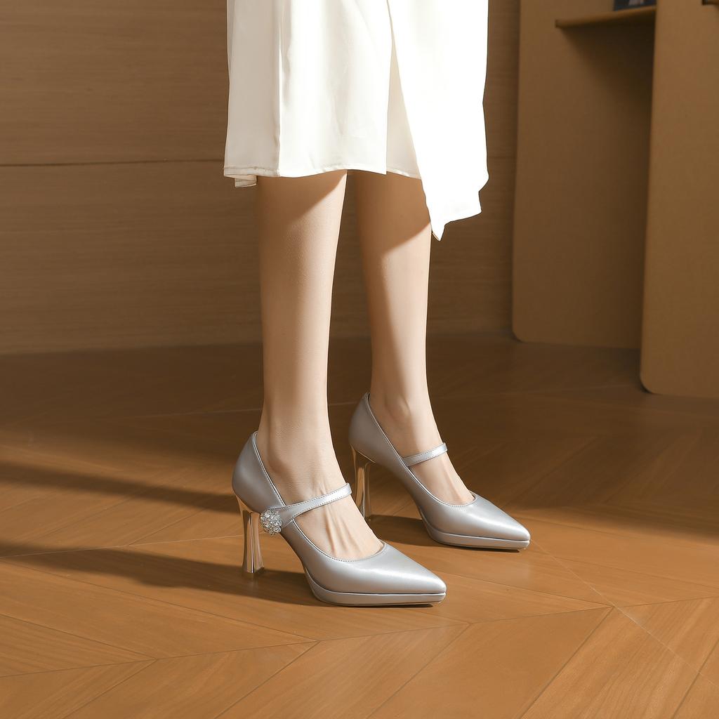 10522 [sheepskin] high heels women's thick heel 2025 new pointed Mary Jane shoes silver waterproof table shoes