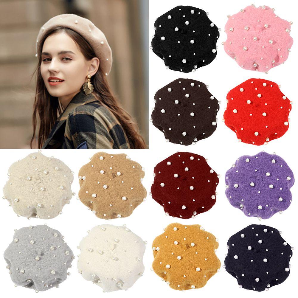Women Girls Casual Soft Elegant Beret Hat Pearl Wool French Cap Painter Hats