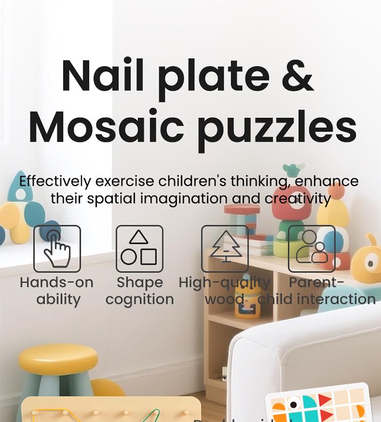 2-In-1 Wooden Mosaic Puzzle & Pegboard Set - Creative Shape Building Double-Sided Early Fun Montessor Benefit Intelligence Game