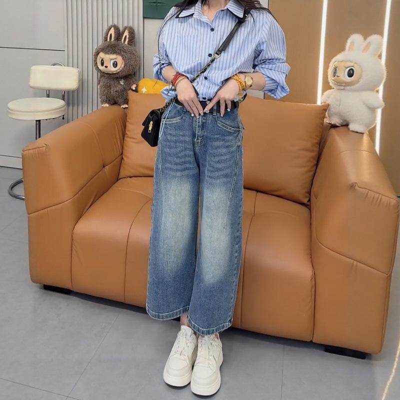 Spring Summer 2026 Women s Plus Size Wide Leg Cropped Jeans: Slimming Straight-Leg, Small Height Fit 2XL синий
