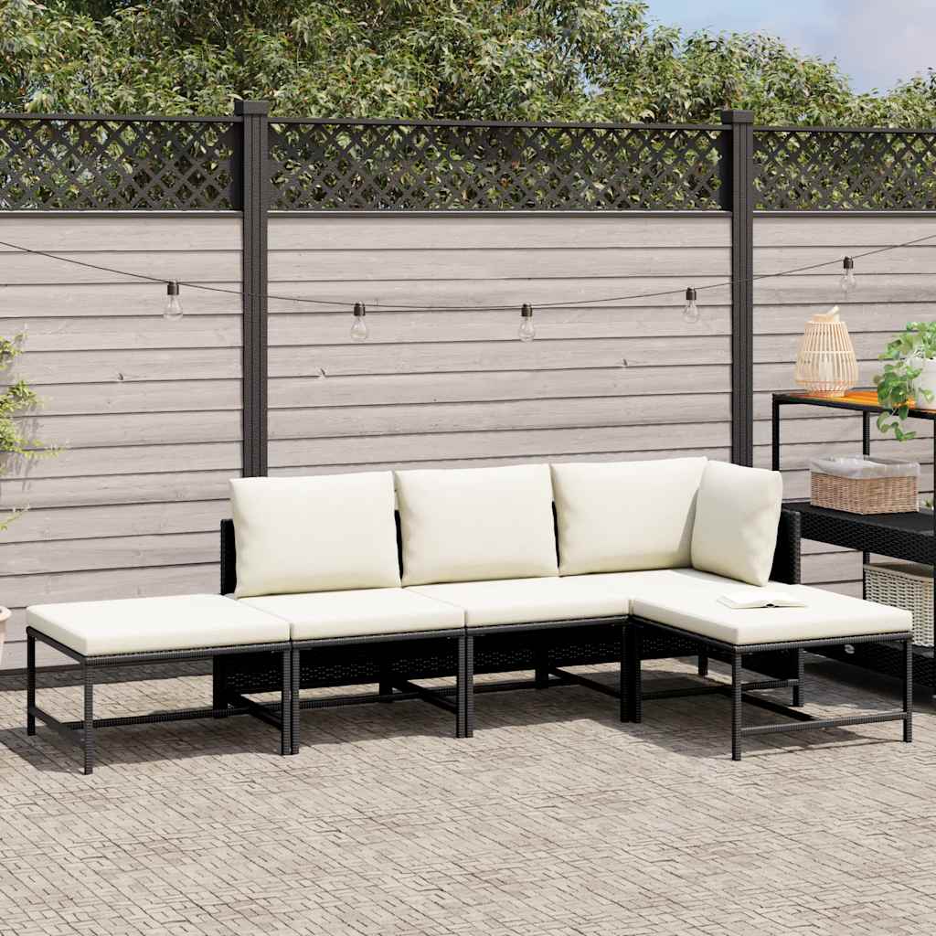 5 Piece Garden Sofa Set with Cushions Black Poly Rattan