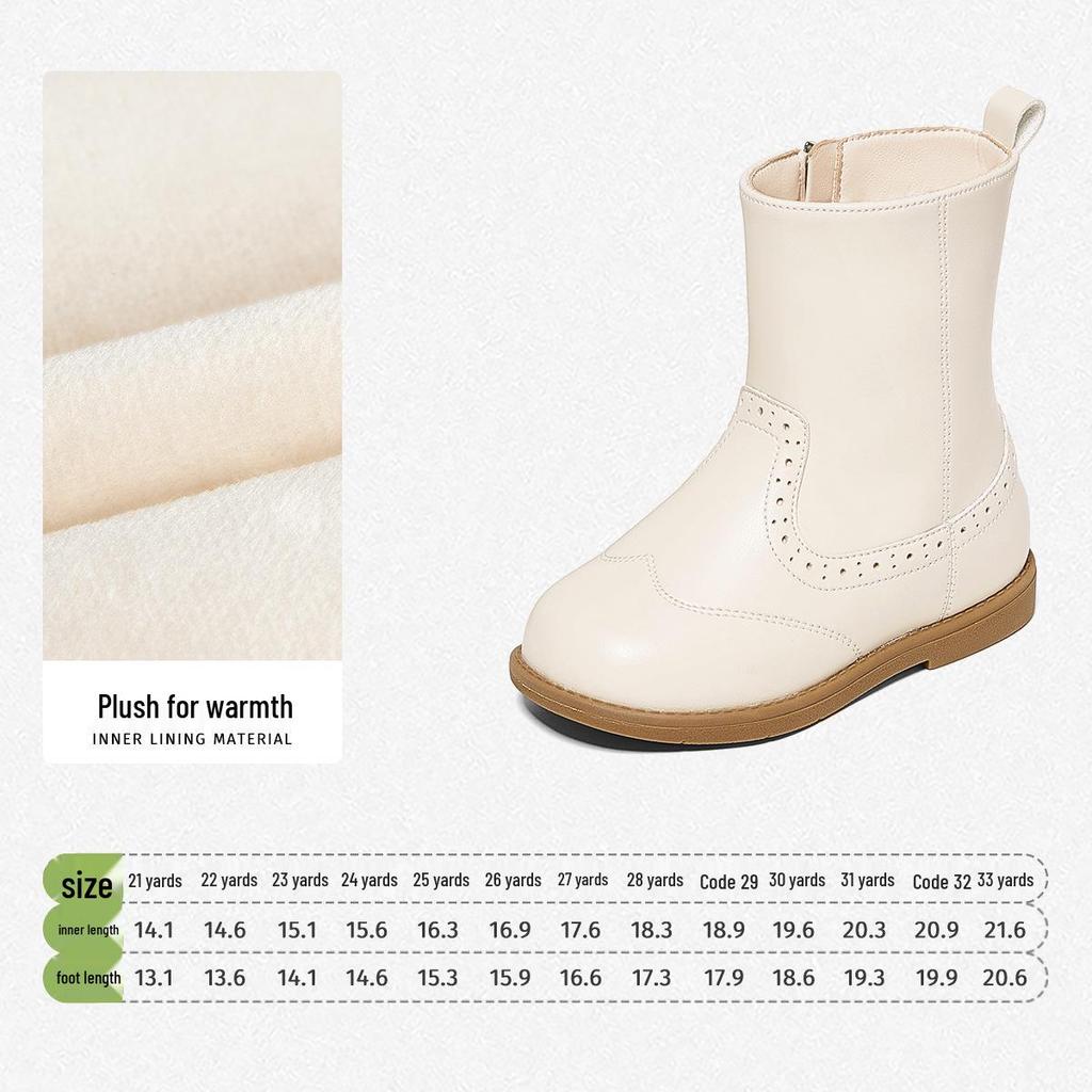 Snuffy Girls' White Leather Mid-Calf Boots - Stylish Warm Princess Boots for Autumn/Winter