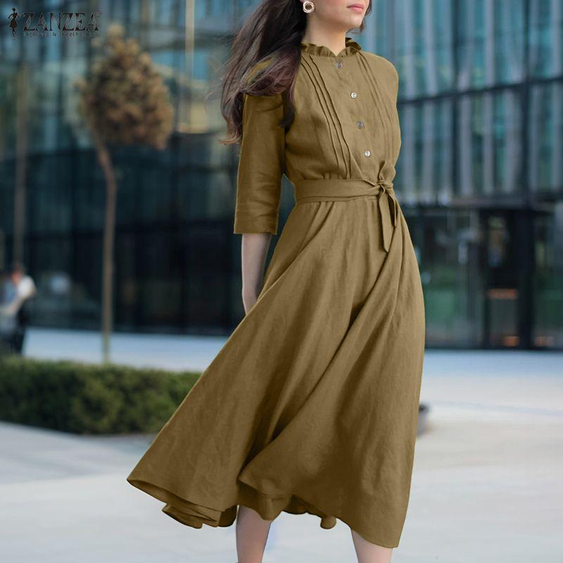 ZANZEA Women Round Neck Casual 3/4 Sleeve Loose Long Dress