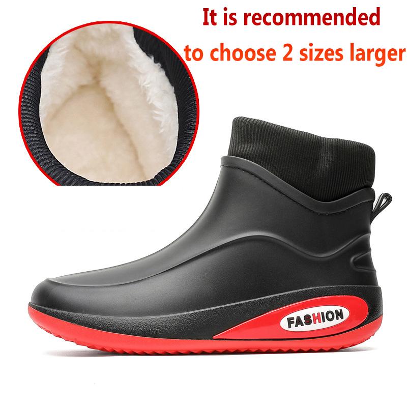 Fashion Rain Shoes Ankle Men Waterproof Shoes Rain Boots Low Top Anti-slip Wear-resistant Plush Kitchen Water Boots Fishing Rubber Shoes