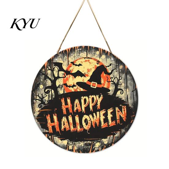 Vintage Witch And Bat Plaque Halloween Wooden Sign, Round Hanging Pendant with Lanyard, Retro Distressed Rustic Wall Decor Wood Skeleton/Pumpkin/Clown