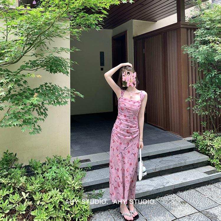 

Розовое платье с цветочным принтом без рукавов на подтяжках - Лето 2024 г. Тонкое и элегантное длинное платье Extra Large розовый