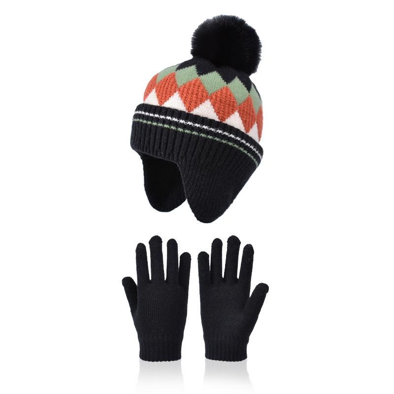 Children Winter Hat Gloves Set Faux Fur Ball Kids Beanie with Earflaps Thicken Warm Children Knitted Cap Suit 4-10Y