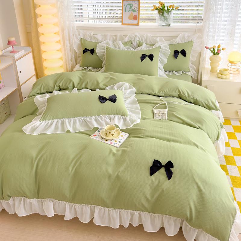 Class A Maternal And Infant Grade Girl Wind Princess Wind Seersucker Bed 4Pcs Set Of Bubble Cotton Lace Four Pieces