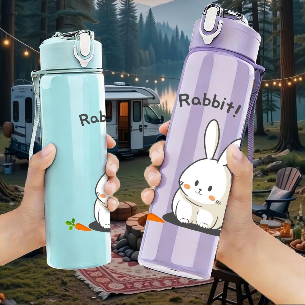1PC White Little Rabbit Cute Print 750ml Color Plastic Sports Water Bottle Leakproof Flip Straw Lid Suitable for Sports Office Home Use