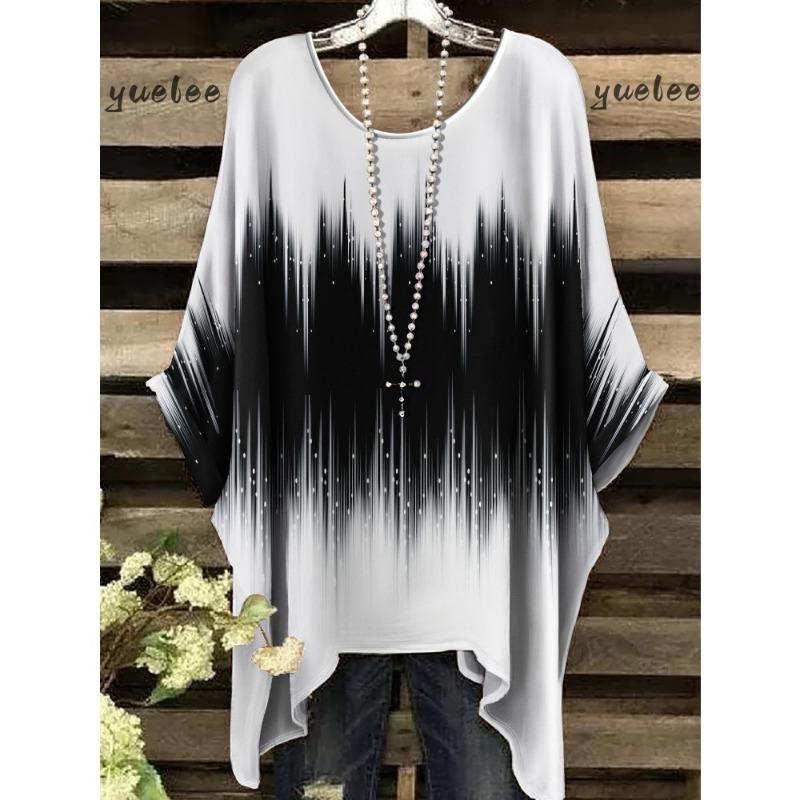 Women 's T-Shirt Simple Color Gradient Print Elegant Irregular Hem O- Neck Women's Clothing T-Shirt Vacation Clothes for Woman