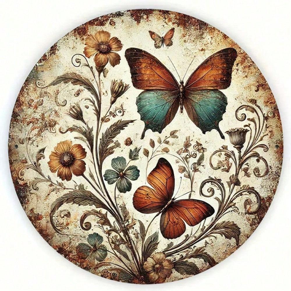 1pc Vintage Butterfly Wreath Metal Tin Sign 8x8 Inch Retro Round Wall Decor Home Kitchen Art