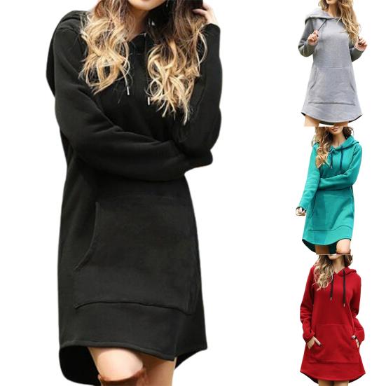 Long Hoodie Solid Color Drawstring Autumn Winter Large Pocket Irregular Hem Hooded Dress for Daily Wear