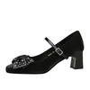 Thick Heel Medium Heel Single Shoes Women's Rhinestone Bow Versatile Satin One-word Buckle Strap Square Head Mary Jane Shoes