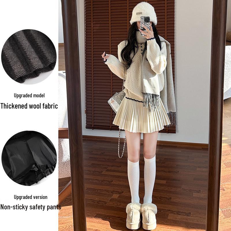 Gray Wool A-line Pleated Skirt - Women's Petite High Waist, Slimming, Short, Autumn/Winter 2025.