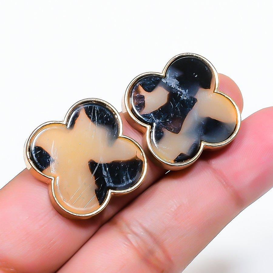Natural Dendrite Opal Gemstone Brass Jewelry Earring 1.02 AE-12950