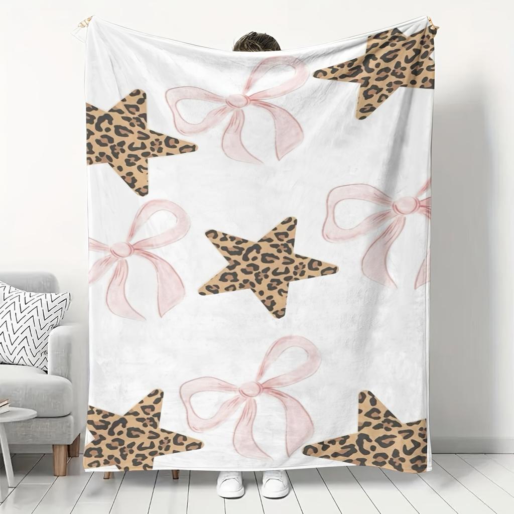 Leopard Print Star Flannel Blanket - Bed, Sofa, Office, Travel, Gift, Decor, Chair, Cozy and Warm, Christmas