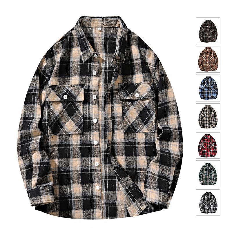 Höst Rutig Skjorta Herr Stor Storlek Casual Lös Retro Trend Krage Långärmad Skjorta Herrkläder