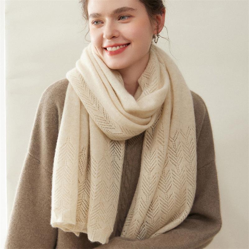 Women's 100% Pure Cashmere Hollow Knitted Scarf - Warm & Fashionable for Autumn/Winter