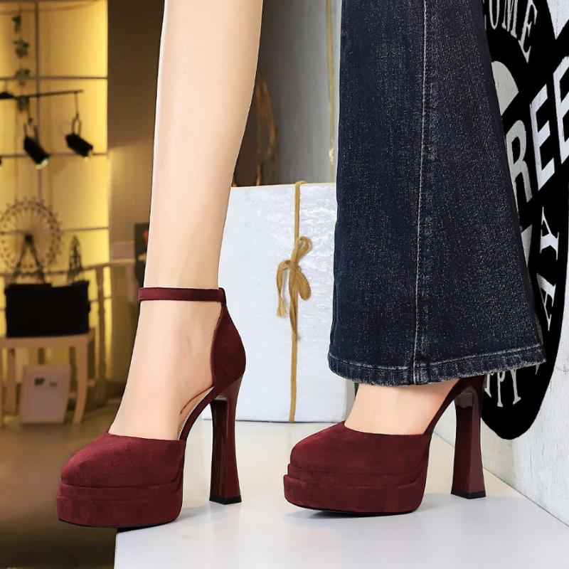 Korean Version Air-Quality Shallow Mouth Round Toe Suede Super High Heels Thick Heels Waterproof Platform One-Strip Sandals