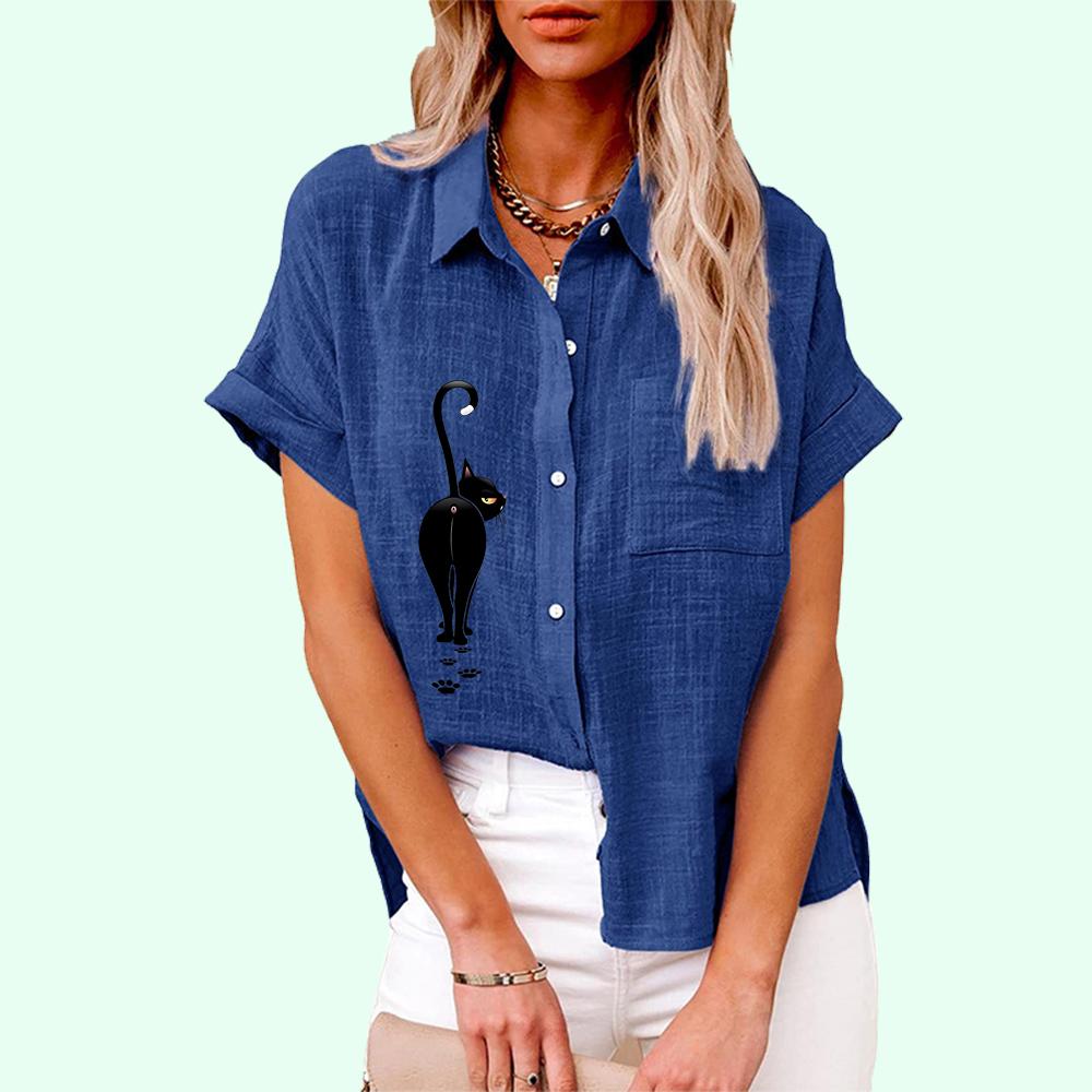 Plus Size Women Casual Short Sleeve Linen Top Summer&fall Fashion Cat Print Blouse Ladies Loose Buttoned T-shirt