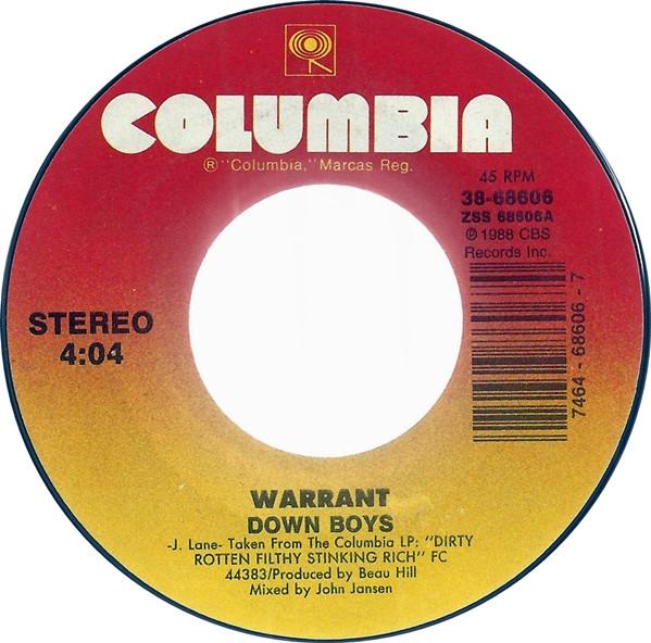 

7inch Record WARRANT Down Boys 3868606 COLUMBIA 1988 Japan Rock Used
