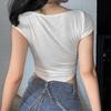 2024 European & American Fashion Women's U-Neck Short-Sleeve Slim-Fit Solid Crop Top T-Shirt