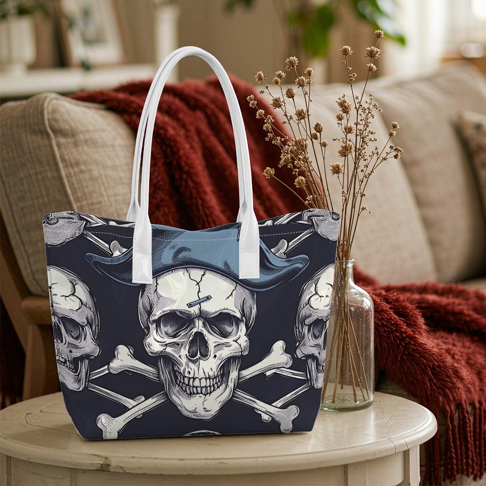 Cool Skull Print Casual Tote Bag Large Capacity Trendy Portable Daily Shoulder Bag