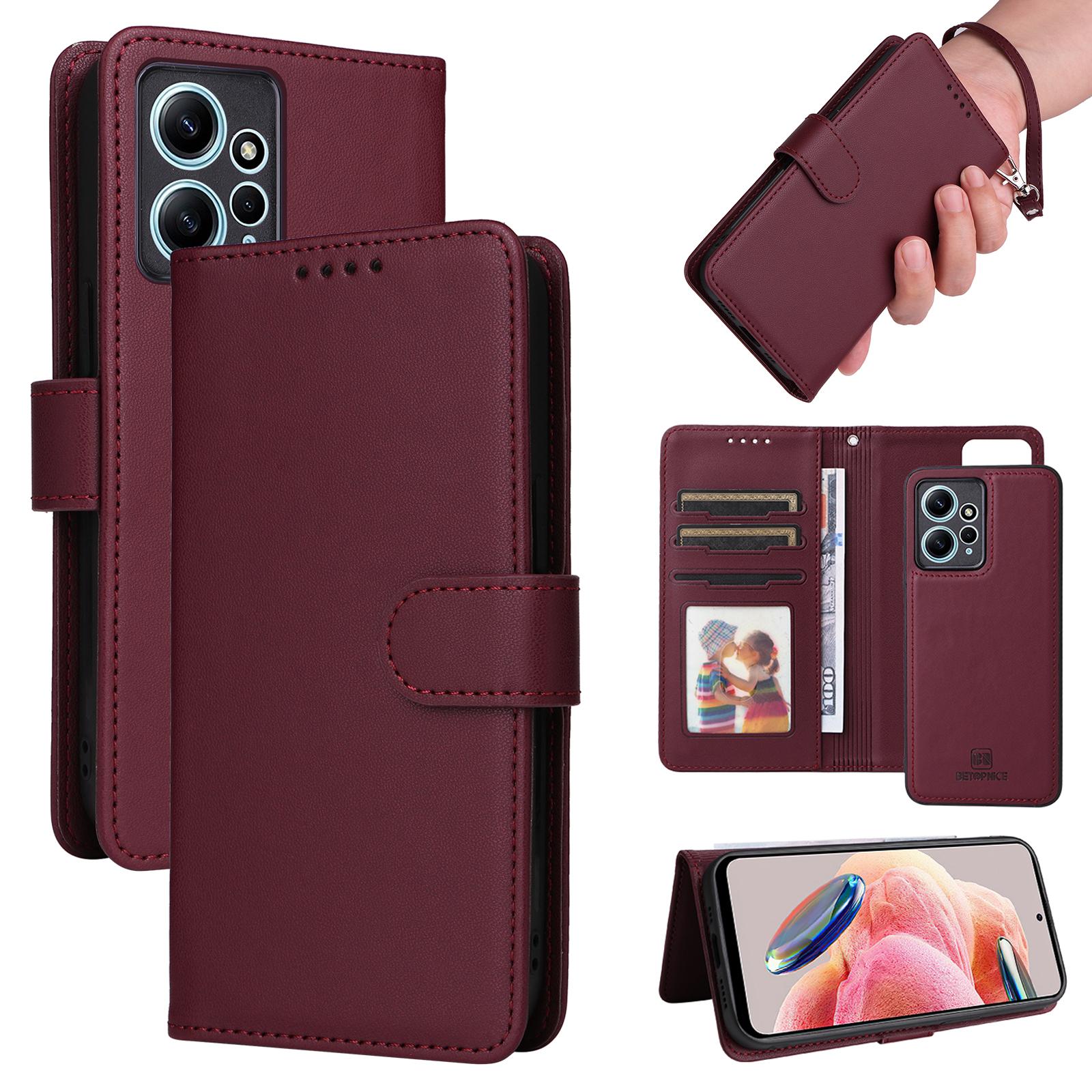 

For Xiaomi Redmi Note 12 4G Magnetic Case BETOPNICE Detachable PU Leather Phone Cover with Strap Wine Red