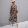 Vintage women's leopard print ruffle edge long-sleeved dress medium and long