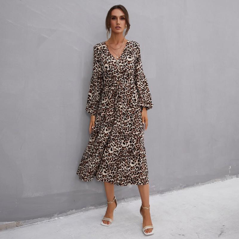 Vintage women's leopard print ruffle edge long-sleeved dress medium and long